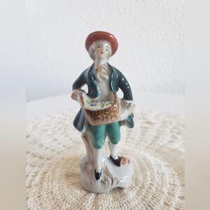 Hand Painted Detailed Porcelain Victorian Man w/Flower Basket Mini Statue